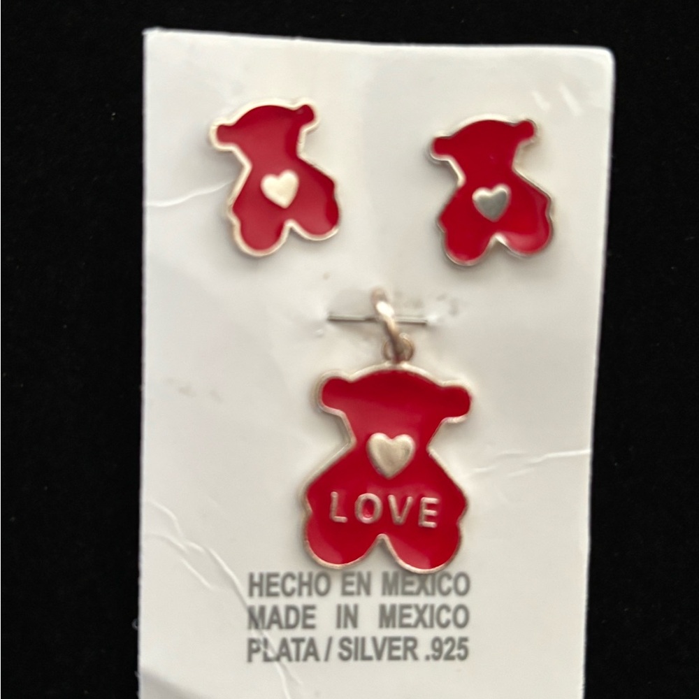 Sterling Silver Teddy Bear earrings and pendant set